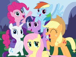 Size: 828x621 | Tagged: safe, artist:dansproblems, imported from derpibooru, applejack, fluttershy, pinkie pie, rainbow dash, rarity, twilight sparkle, alicorn, earth pony, pegasus, pony, unicorn, female, horn, mane six, mane six opening poses, mare, one eye closed, open mouth, open smile, smiling, waving, wink