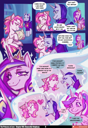 Size: 3541x5120 | Tagged: safe, artist:jadedjynx, artist:junka, artist:lummh, imported from derpibooru, chancellor neighsay, princess cadance, oc, oc:mira jalapa, alicorn, earth pony, pony, unicorn, comic:the princess of love, absurd file size, absurd resolution, canon x oc, comic, emanata, facial hair, female, flashback, framing device, glowing, glowing horn, goatee, horn, jerk, love magic, love spell, magic, male, mare, moustache, pony racism, racism, shipping, slap slap kiss, smiling, smug, smug smile, speech bubble, stallion, straight, teapot, teen princess cadance, younger