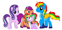 Size: 3516x1685 | Tagged: safe, artist:shieldwingarmorofgod, imported from derpibooru, starlight glimmer, sunny starscout, oc, oc:shield wing, oc:starling shield, alicorn, earth pony, alicorn oc, alicornified, female, g5, horn, male, race swap, simple background, starlicorn, transparent background, wings, xk-class end-of-the-world scenario