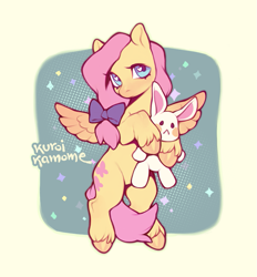 Size: 753x811 | Tagged: safe, artist:kuroikamome, imported from derpibooru, fluttershy, pegasus, pony, rabbit, abstract background, animal, bowtie, colored hooves, colored wings, cute, female, filly, flying, foal, hooves, looking at you, mare, pink hair, plushie, shyabetes, signature, solo, stars, unshorn fetlocks, wingding eyes, wings, yellow coat