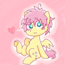 Size: 1280x1280 | Tagged: safe, artist:cozyinbutters, imported from derpibooru, fluttershy, pegasus, :3, blushing, butterscotch, cute, heart, messy mane, pink background, pink mane, rule 63, shy, simple background, sitting, solo, yellow coat