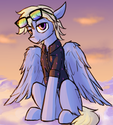 Size: 1541x1701 | Tagged: safe, artist:sleepyhoers, imported from derpibooru, oc, oc only, oc:sky line, pegasus, pony, button-up shirt, clothes, cloud, looking at you, male, on a cloud, shirt, sitting, smiling, smug, solo, stallion, sunglasses, sunglasses on head, sunset, wings