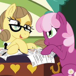 Size: 2000x2000 | Tagged: safe, artist:mariculture, cheerilee, play write, sharpener, earth pony, pony, chalkboard, desk, duo, female, glasses, lidded eyes, mare, mouth hold, open mouth, paper, pen, pointing, teacher