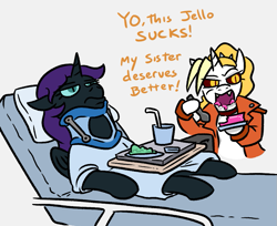 Size: 813x664 | Tagged: safe, artist:jargon scott, imported from derpibooru, oc, oc only, oc:dyx, oc:nyx, alicorn, pony, bed, clothes, dialogue, duo, duo female, eating, female, filly, foal, frown, hoof hold, hospital bed, hospital gown, jello, neck brace, nyx is not amused, nyxruary, open mouth, siblings, simple background, sisters, unamused, white background