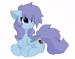 Size: 1766x1398 | Tagged: safe, artist:little-sketches, oc, oc only, oc:nightlight charm, bat pony, pony, bat pony oc, bat wings, blue coat, cheek fluff, chest fluff, ear fluff, eye clipping through hair, eyebrows visible through hair, fangs, female, floppy ears, folded wings, leg fluff, mare, ponyloaf, purple mane, purple tail, simple background, smiling, snaggletooth, solo, turned head, white background, wings