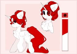 Size: 2284x1608 | Tagged: safe, artist:little-sketches, oc, oc only, alicorn, pony, alicorn oc, bust, butt fluff, cheek fluff, chest fluff, color palette, ear fluff, eye clipping through hair, eyebrows visible through hair, female, hair bun, horn, leg fluff, mare, passepartout, raised hoof, red eyes, red mane, red tail, reference sheet, smiling, solo, standing, unicorn horn, white coat, wing fluff, wings