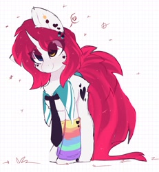 Size: 1378x1494 | Tagged: safe, artist:little-sketches, oc, oc only, oc:yuko chan, pony, unicorn, abstract background, butt fluff, cheek fluff, chest fluff, coat markings, curved horn, ear fluff, ear piercing, eye clipping through hair, eyebrows visible through hair, female, floating heart, floppy ears, glitter, gray coat, grid background, hairclip, head tilt, heart, heterochromia, horn, leg warmers, mare, necktie, piercing, red mane, red tail, smiling, solo, sparkly mane, sparkly tail, standing, stars, tail wrap, unicorn oc