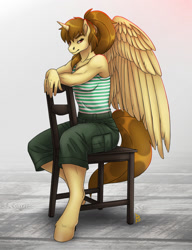 Size: 984x1280 | Tagged: safe, artist:belkyr, oc, anthro, breasts, chair, clothes, female, sitting