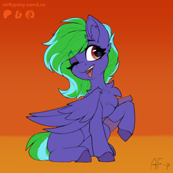 Size: 1500x1500 | Tagged: safe, artist:airfly-pony, imported from derpibooru, oc, oc:weldbead, pegasus, 2023, female, one eye closed, patreon, patreon reward, sitting, smiling, tongue out, wink