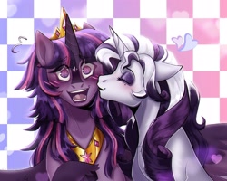 Size: 2500x2000 | Tagged: safe, artist:slapearl, imported from derpibooru, rarity, twilight sparkle, alicorn, pony, unicorn, alternate hairstyle, blushing, cheek kiss, crown, cute, duo, duo female, eyeshadow, female, heart, horn, jewelry, kissing, lesbian, lipstick, makeup, mare, markings, raribetes, rarilight, redesign, redraw, regalia, shipping, swirly eyes, twiabetes, twilight sparkle (alicorn), unshorn fetlocks