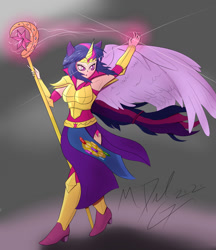 Size: 1024x1183 | Tagged: safe, artist:mdelg, imported from derpibooru, twilight sparkle, human, protoss, armor, blushing, crossover, cutie mark, cutie mark on human, horn, horned humanization, humanized, long hair, looking back, magic, protoss templar, scepter, simple background, starcraft, winged, winged human, winged humanization, wings