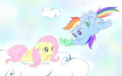 Size: 1600x1000 | Tagged: safe, artist:usako, imported from derpibooru, fluttershy, rainbow dash, bird, pegasus, pony, 2012, blue sky, closed mouth, cloud, cute, dashabetes, day, duo, duo female, female, flying, folded wings, green eyes, looking at each other, looking at someone, lying down, lying on a cloud, mare, old art, on a cloud, prone, shyabetes, sky, smiling, smiling at each other, wings