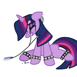 Size: 459x459 | Tagged: safe, artist:neowemu, imported from derpibooru, twilight sparkle, pony, unicorn, alternate hairstyle, crying, ear piercing, emo, emo twilight, eyeshadow, female, horn, leaning, makeup, mare, piercing, sad, simple background, sitting, solo, sony, studded bracelet, tears of sadness, transparent background, walkman