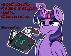 Size: 2162x1704 | Tagged: safe, artist:askhypnoswirl, imported from derpibooru, twilight sparkle, alicorn, :s, book, commission, dialogue, frown, gun, magic, threatening, twilight sparkle (alicorn), twilight sparkle is not amused, unamused, wavy mouth, weapon