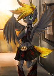 Size: 3508x4961 | Tagged: safe, artist:noideasfornicknames, imported from derpibooru, oc, oc:coyote, pegasus, bipedal, clothes, collar, crossdressing, green eyes, male, male oc, pegasus oc, skirt, solo, solo male, wings