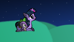 Size: 1280x720 | Tagged: safe, artist:lunascastle, imported from derpibooru, spike, twilight sparkle, dragon, pony, unicorn, female, hill, male, night, stargazing, stars, unicorn twilight