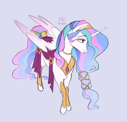 Size: 2048x1967 | Tagged: safe, artist:peachmichea, imported from derpibooru, princess celestia, alicorn, pony, alternate accessories, bracer, clothes, colored wings, female, gradient wings, gray background, jewelry, mare, peytral, profile, regalia, robe, simple background, solo, tail cuff, turned head, wings