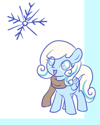 Size: 1600x2000 | Tagged: safe, artist:7411696290, imported from derpibooru, oc, oc:snowdrop, pegasus, pony, :d, blind, blue background, clothes, cyan background, female, filly, foal, open mouth, open smile, scarf, simple background, smiling, snow, snowflake, solo, two toned background, white background