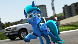 Size: 1920x1080 | Tagged: safe, artist:bronydj, imported from derpibooru, oc, oc only, oc:sinecrass, alicorn, pony, 3d, car, carl johnson, crossover, ford, ford explorer, glasses, gm construct, happy, outdoors, solo focus, source filmmaker