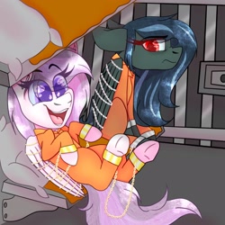 Size: 2048x2048 | Tagged: safe, artist:kittycocoa69, imported from derpibooru, oc, oc only, oc:athena (shawn keller), oc:lustrous (shawn keller), bound wings, chained, chains, clothes, commissioner:rainbowdash69, gold, guardians of pondonia, jail, never doubt rainbowdash69's involvement, prison, prison outfit, shackles, varying degrees of want, wings