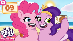Size: 3072x1727 | Tagged: safe, artist:dragao_tecnologia, imported from derpibooru, pinkie pie, pipp petals, earth pony, pegasus, pony, beach, fake, fake thumbnail, faker than a three dollar bill, fanart, g4 to g5, g5, generation leap, i can't believe it's not hasbro studios, my little pony: tell your tale, phone, thumbnail