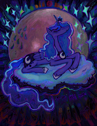 Size: 2009x2596 | Tagged: safe, artist:vemrill, imported from derpibooru, princess luna, alicorn, pony, eyes closed, female, lying down, mare, moon, prone, smiling, solo