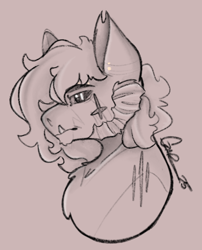 Size: 836x1035 | Tagged: safe, artist:trashpanda czar, imported from derpibooru, oc, oc only, oc:czar ski, hybrid, bust, chest fluff, chin fluff, coat markings, ear piercing, eyebrow piercing, eyebrows, hybrid oc, male, monochrome, piercing, portrait, procreate app, scar, sideburns, signature, simple background, slit pupils, stallion, torn ear, tusk
