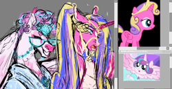 Size: 916x478 | Tagged: safe, artist:littleroadkill, imported from derpibooru, princess cadance, princess flurry heart, princess skyla, shining armor, alicorn, pony, accessory, alternate design, alternate hairstyle, alternate universe, canon, crystal heart, digital art, doodle, female, mare, my little pony, next generation, princess, redesign, sketch, trans female, transgender
