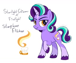 Size: 1953x1640 | Tagged: safe, artist:proficdroid, imported from derpibooru, oc, oc only, oc:starflame flicker, pony, unicorn, blaze (coat marking), coat markings, facial markings, female, horn, mare, markings, multicolored hair, offspring, parent:firelight, parent:starlight glimmer, parents:glimmercest, product of incest, requested art, short hair, short mane, short tail, socks (coat markings), solo, tail, unshorn fetlocks