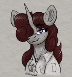 Size: 940x1005 | Tagged: safe, artist:reddthebat, imported from derpibooru, oc, oc only, oc:violina (reddthebat), earth pony, ghost, ghost pony, undead, unicorn, bust, ear fluff, female, hair over one eye, horn, looking at you, mare, signature, smiling, smiling at you, solo, torn ear