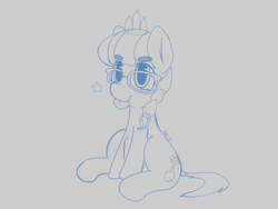 Size: 1024x768 | Tagged: safe, artist:cloveryrhythm, imported from derpibooru, silver spoon, earth pony, braid, dock, eyebrows, female, filly, foal, glasses, jewelry, monochrome, simple background, sitting, solo, solo female, tail, tiara, tongue out