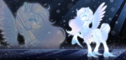 Size: 2048x980 | Tagged: safe, artist:murimio_, imported from derpibooru, oc, pegasus, pony, adoptable, female, mare, partially open wings, snow, snowflake, solo, unshorn fetlocks, wings