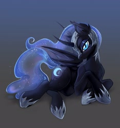 Size: 1915x2048 | Tagged: safe, artist:murimio_, imported from derpibooru, nightmare moon, alicorn, pony, curved horn, female, gradient background, helmet, hoof shoes, horn, lying down, mare, prone, slit pupils, solo
