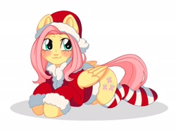 Size: 2048x1532 | Tagged: safe, artist:murimio_, imported from derpibooru, fluttershy, pegasus, pony, blushing, christmas, clothes, costume, female, hat, holiday, lying down, mare, prone, santa costume, santa hat, simple background, socks, solo, striped socks, white background