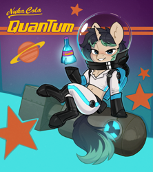 Size: 2051x2308 | Tagged: safe, artist:rexyseven, imported from derpibooru, oc, pony, unicorn, bottle, female, horn, mare, nuka cola, solo, spacesuit