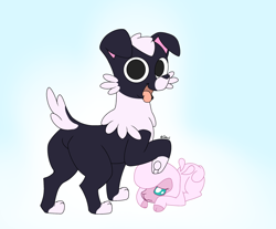 Size: 2300x1900 | Tagged: safe, artist:jhonnyul, imported from derpibooru, dog, lamb, sheep, them's fightin' herds, butt, community related, female, looking at you, male, older, one leg raised, open mouth, plot, pom (tfh), role reversal, scared, tongue out, younger