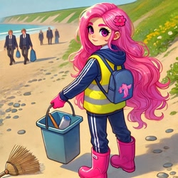 Size: 1024x1024 | Tagged: safe, imported from twibooru, fluttershy, human, ai content, backpack, beach, boots, clothes, generator:dall-e 3, gloves, hi-vis vest, humanized, image, needs more jpeg, rubbish, sand, shoes, tracksuit, wellington boots