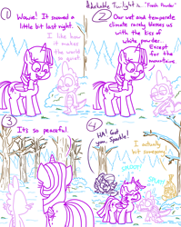 Size: 4779x6013 | Tagged: safe, artist:adorkabletwilightandfriends, imported from derpibooru, moondancer, spike, starlight glimmer, twilight sparkle, alicorn, comic:adorkable twilight and friends, adorkable, adorkable twilight, attack, back of head, butt, calm, cold, comic, crouching, cute, dork, footprint, forest, hoofprint, hoofprints, humor, nature, peaceful, plot, rear view, scenery, slice of life, smiling, snow, snowball, snowball fight, surprised, tail, tree, twilight sparkle (alicorn), winter