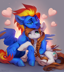 Size: 3200x3600 | Tagged: safe, artist:mithriss, imported from derpibooru, oc, oc only, oc:scarlett drop, pegasus, pony, braid, fangs, female, heart, hug, male, mare, smiling, stallion