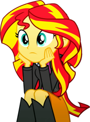 Size: 817x1116 | Tagged: safe, edit, edited screencap, editor:pascalmulokozi2, imported from derpibooru, screencap, sunset shimmer, human, eqg summertime shorts, equestria girls, pet project, background removed, bored, female, frown, hand on face, my little pony equestria girls: summertime shorts, not a vector, simple background, solo, solo female, transparent background