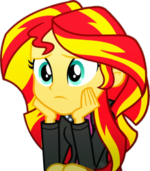 Size: 936x1068 | Tagged: safe, edit, edited screencap, editor:pascalmulokozi2, imported from derpibooru, screencap, sunset shimmer, human, eqg summertime shorts, equestria girls, pet project, background removed, bored, female, frown, hand on face, my little pony equestria girls: summertime shorts, not a vector, simple background, solo, solo female, transparent background