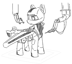 Size: 454x405 | Tagged: safe, artist:alexi148, imported from derpibooru, oc, oc only, earth pony, original species, plane pony, pony, robot, robot pony, monochrome, plane, robotic arm, solo