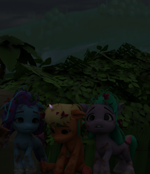 Size: 888x1031 | Tagged: safe, artist:cellosaurus234423, imported from derpibooru, earth pony, pegasus, pony, unicorn, 3d, blender, dark, female, filly, foal, forest, g5, glory (g5), horn, leaves, leaves in hair, lost, messy mane, nature, night, outdoors, peach fizz, pippsqueak trio, pippsqueaks, sad, seashell (g5), story included, tree, trio, trio female, twigs in hair