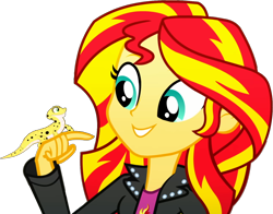 Size: 1378x1083 | Tagged: safe, edit, edited screencap, editor:pascalmulokozi2, imported from derpibooru, screencap, ray, sunset shimmer, gecko, human, leopard gecko, eqg summertime shorts, equestria girls, pet project, background removed, cute, daaaaaaaaaaaw, daydream, duo, female, hand on face, my little pony equestria girls: summertime shorts, not a vector, simple background, smiling, solo, solo female, transparent background