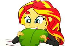 Size: 1793x1152 | Tagged: safe, edit, edited screencap, editor:pascalmulokozi2, imported from derpibooru, screencap, sunset shimmer, human, equestria girls, background removed, book, eating, epic fails, female, funny, leaf, my little pony equestria girls: summertime shorts, not a vector, simple background, smiling, solo, solo female, table, transparent background