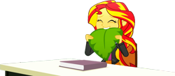 Size: 1352x591 | Tagged: safe, edit, edited screencap, editor:pascalmulokozi2, imported from derpibooru, screencap, sunset shimmer, human, equestria girls, background removed, book, eating, epic fails, female, funny, leaf, my little pony equestria girls: summertime shorts, not a vector, simple background, smiling, solo, solo female, table, transparent background