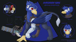 Size: 1920x1080 | Tagged: safe, artist:thedigodragon, imported from derpibooru, oc, oc only, oc:snowfire, cyborg, griffon, cyberpunk, griffon oc, reference sheet, solo