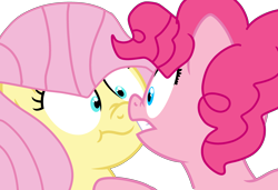 Size: 3780x2585 | Tagged: safe, artist:jadeharmony, imported from derpibooru, fluttershy, pinkie pie, earth pony, pegasus, pony, base used, cute, diapinkes, duo, female, flutterpie, gritted teeth, lesbian, looking at each other, looking at someone, mare, nose to nose, shipping, shrunken pupils, shyabetes, teeth