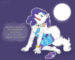 Size: 2100x1688 | Tagged: safe, artist:jpadopts, imported from derpibooru, rarity, werewolf, equestria girls, dialogue, fangs, female, feral, full moon, mid-transformation, moon, raridog, scratching, simple background, solo, speech change, transformation