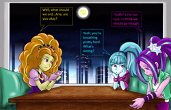 Size: 5102x3295 | Tagged: safe, artist:oztoatl, imported from derpibooru, adagio dazzle, aria blaze, sonata dusk, human, comic:the dazzling moonlight, equestria girls, absurd resolution, comic, concerned, dialogue, female, full moon, indoors, moon, night, panting, speech bubble, sweat, the dazzlings, trio